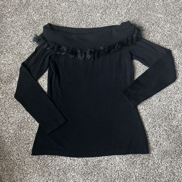 Lilly Pulitzer Off The Shoulder Alira Sweater Faux Fur Collar Size Medium Black - Picture 2 of 7